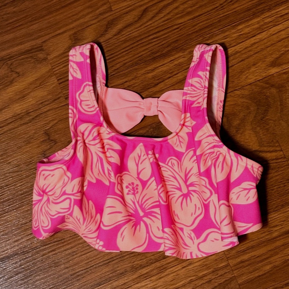 O'rageous Swim Bikini Top Girls 4 Pink Hibiscus Good Ruffle Flounce Back Bow